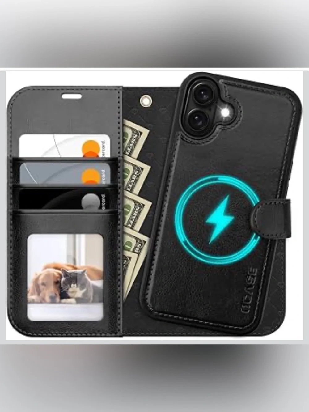iPhone 17 Detachable Wallet Case MagSafe Vegan Leather Black Shockproof RFID